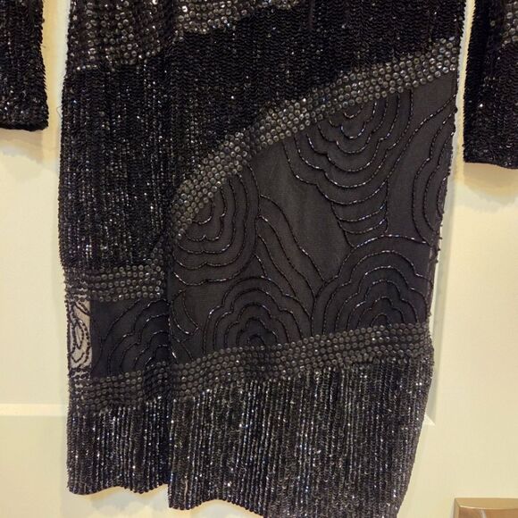 Aidan Mattox Black Sequin Beaded Sheath Evening Cocktail Long Sleeve Dress 6 - Picture 3 of 10